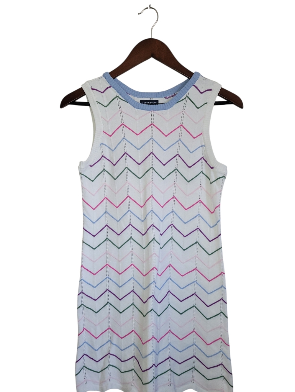 Andy & Evan Girls 12 14 White Crochet Chevron Zigzag Scalloped Knit Mini Dress - Picture 4 of 10
